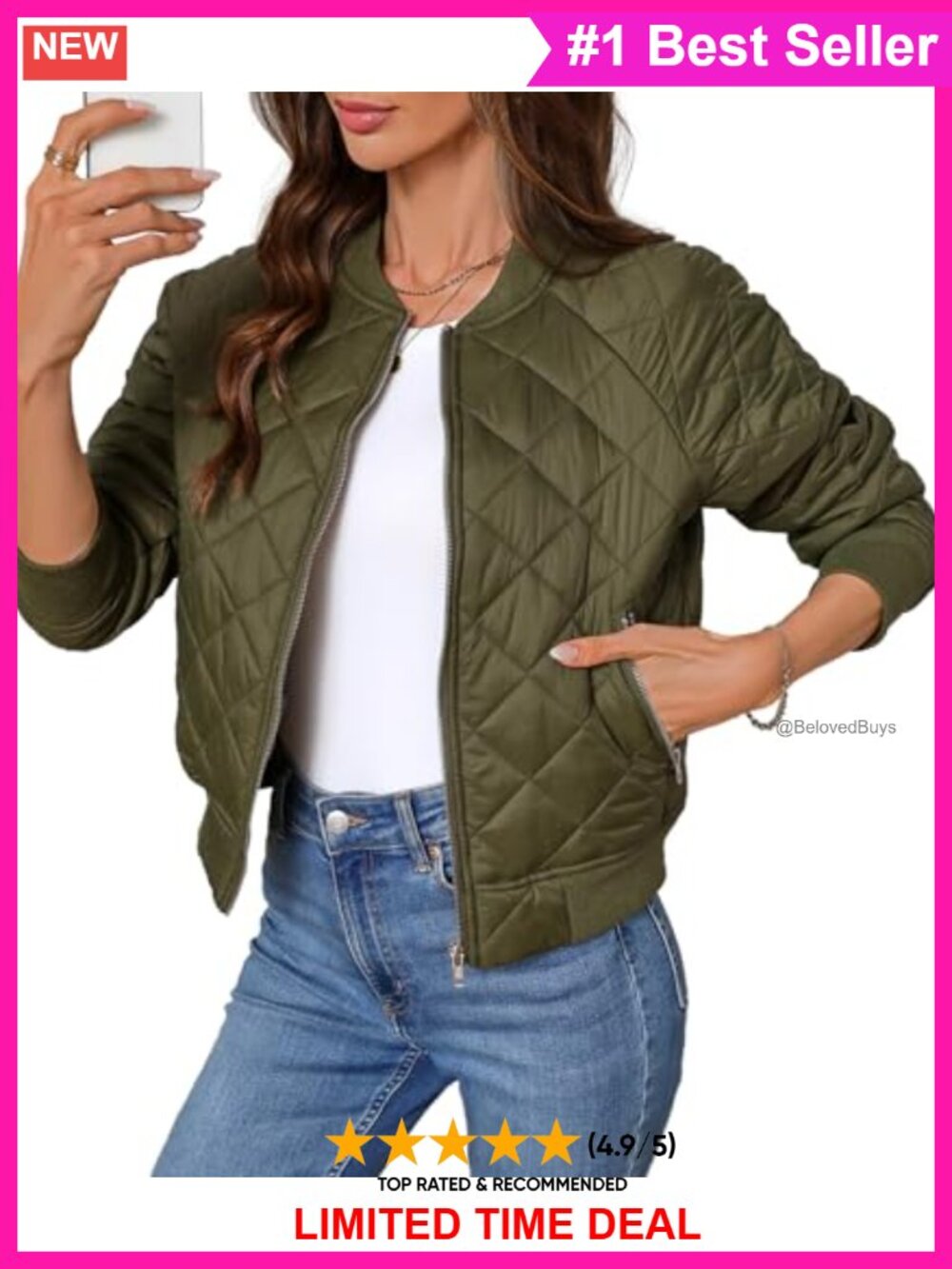 Women's Quilted Zip Up Bomber Jacket Lightweight with Pockets